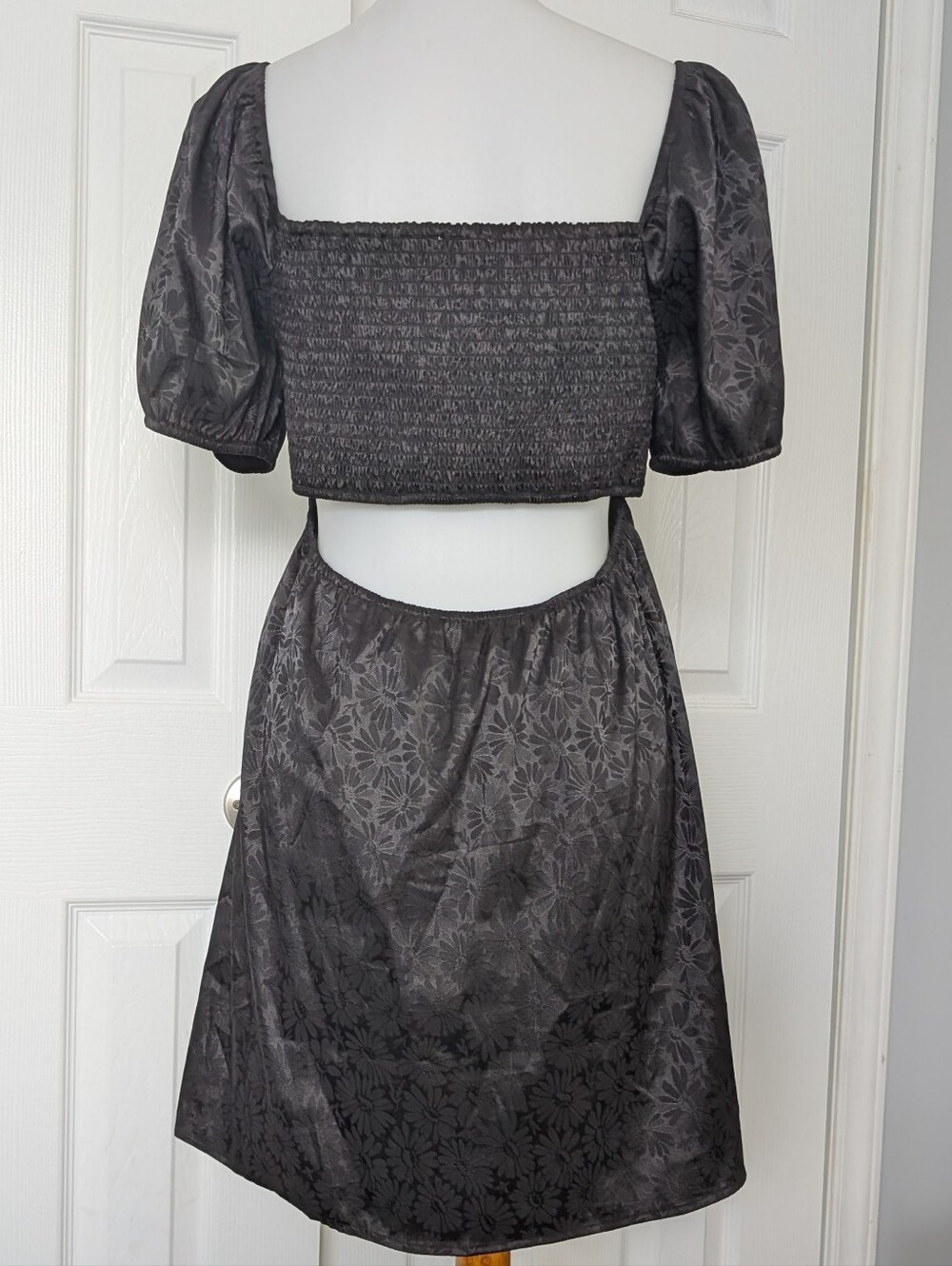 Altar'd State Black Floral Jacquard Puff Sleeve Mini Dress - Picture 2 of 6